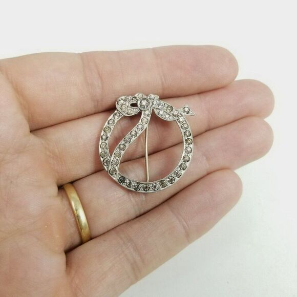 Vintage Rhinestone Bow Circle Brooch, Silver Tone Wreath Shape, Sparkle Estate - Picture 2 of 5
